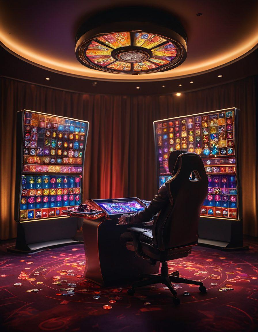 A dynamic scene showcasing a player intensely focused on a high-stakes virtual casino game, surrounded by glowing screens displaying cards and roulette wheels. Include elements like chips, a stylish gaming chair, and soft ambient lighting to evoke a luxurious atmosphere. Display digital trophies and strategy maps in the background, symbolizing mastery and success in gaming. ultra-realistic. vibrant colors. cinematic lighting.