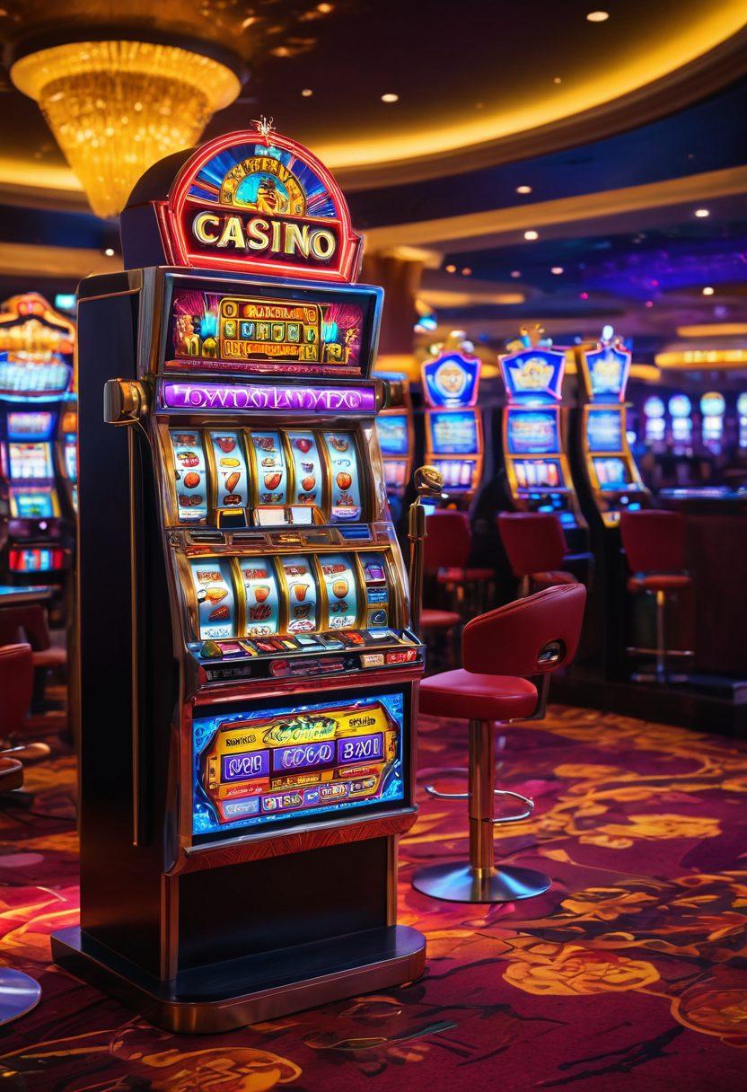 A dynamic scene depicting a vibrant casino floor filled with colorful slot machines, glowing neon lights, and excited players celebrating jackpot wins. Include a spinning slot machine with coins bursting out, symbolizing success. In the background, a large banner reads 'Maximize Your Wagering' to emphasize strategy. The atmosphere is energetic and captivating. super-realistic. vibrant colors. 3D.